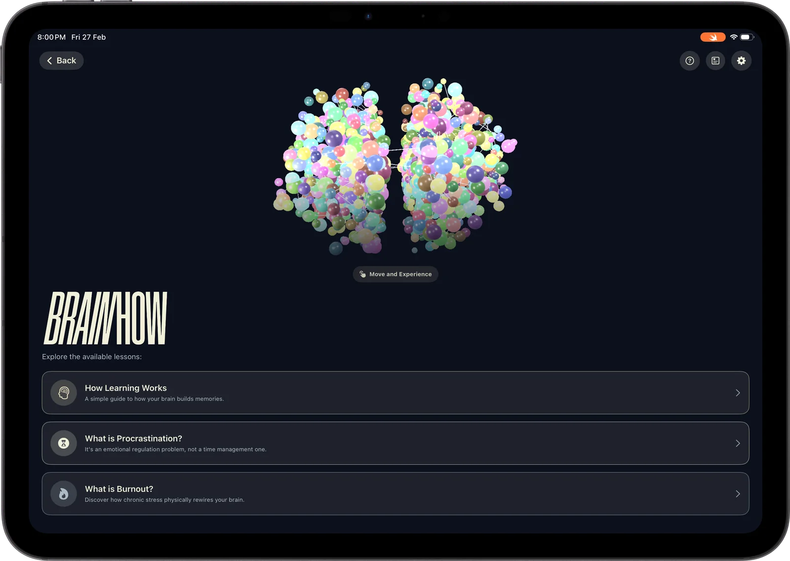 Brainhow home screen on an iPad Pro: the brain at rest above the list of lessons