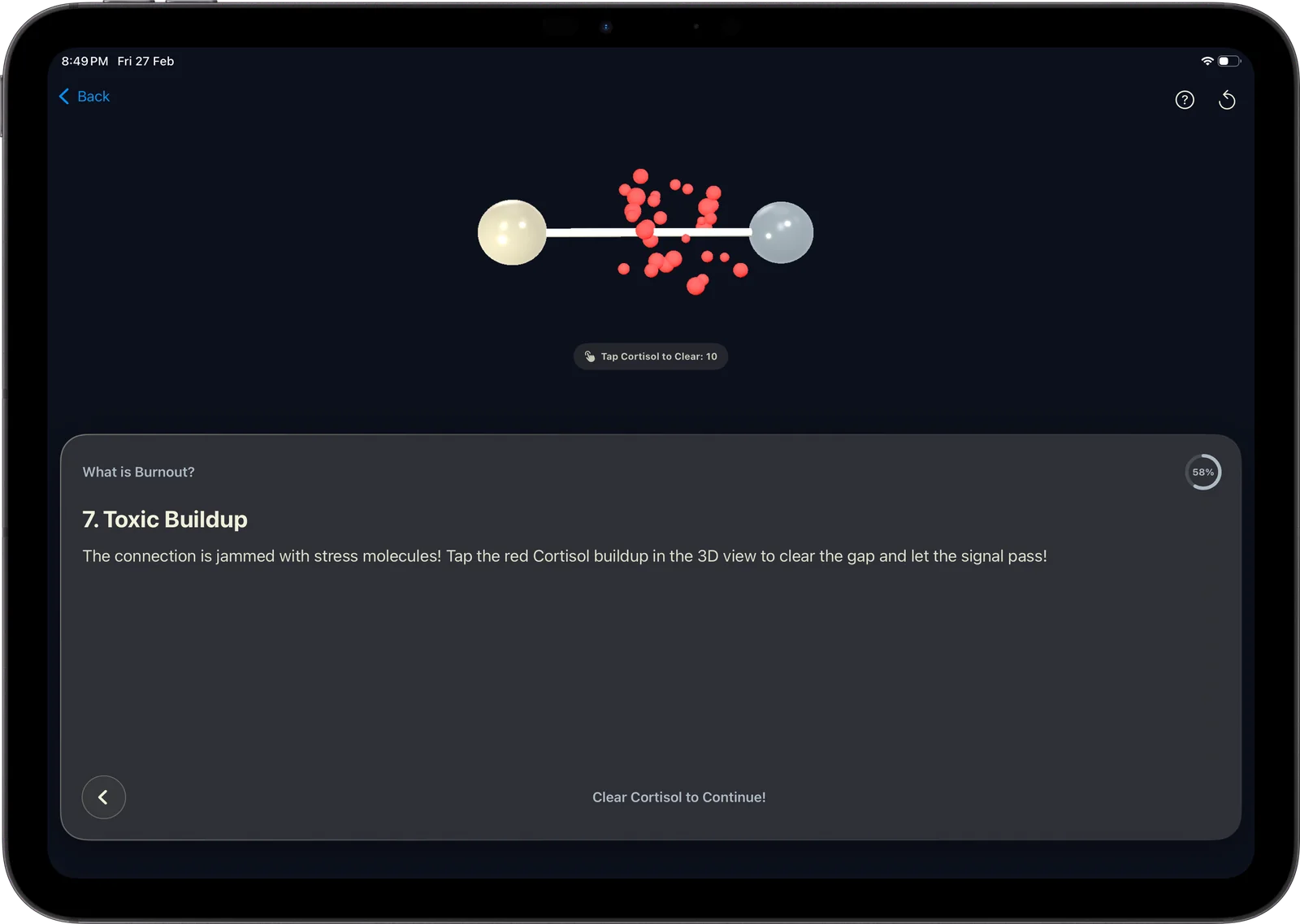 A lesson in progress on an iPad Pro: clearing cortisol from a jammed synapse