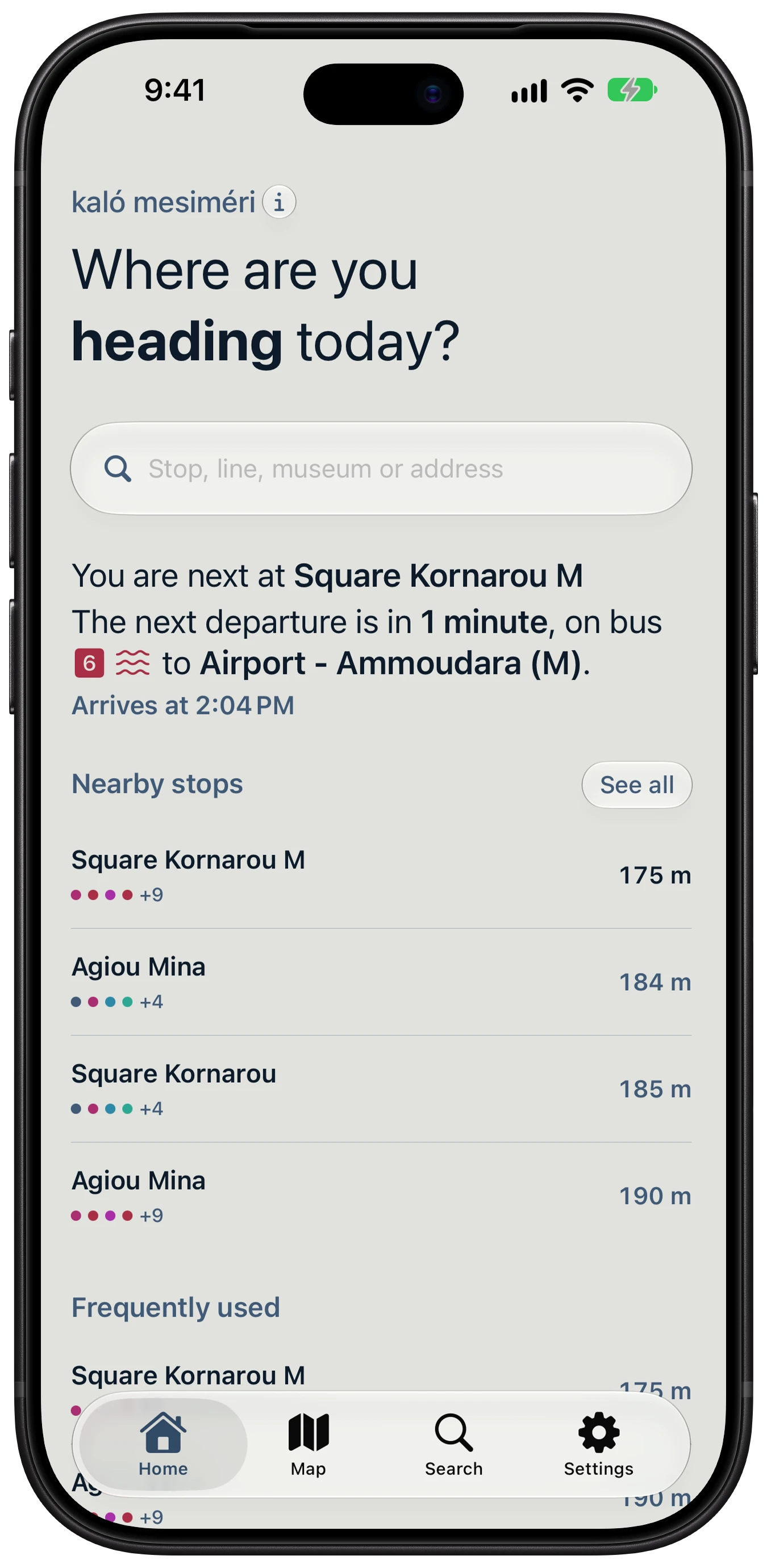 Busher home screen on an iPhone 18 Pro: the nearest stop, the next departure, and nearby stops sorted by distance