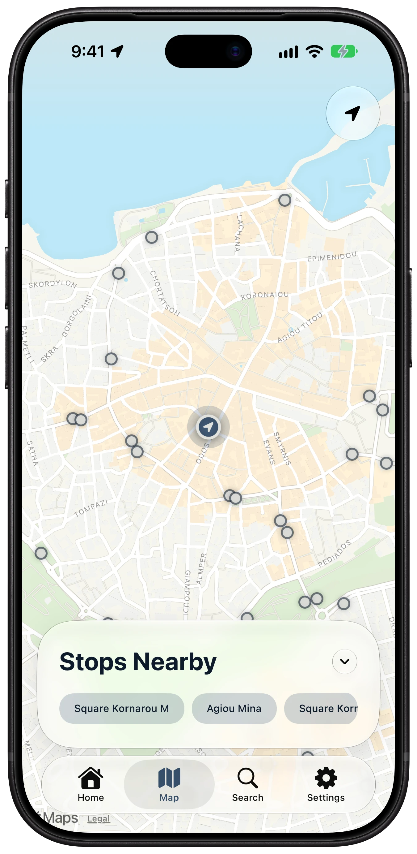 The map on an iPhone 18 Pro: every stop in the city as a dot, with a panel of the stops nearby