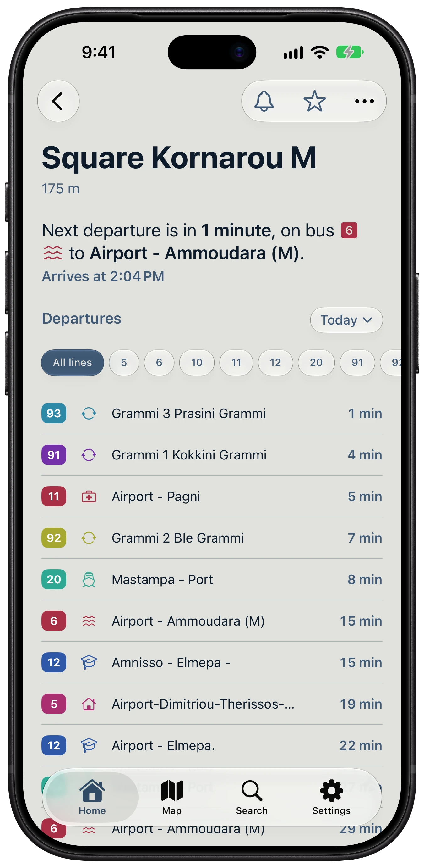 A stop screen: the next departure at the top, then every line's upcoming departures below