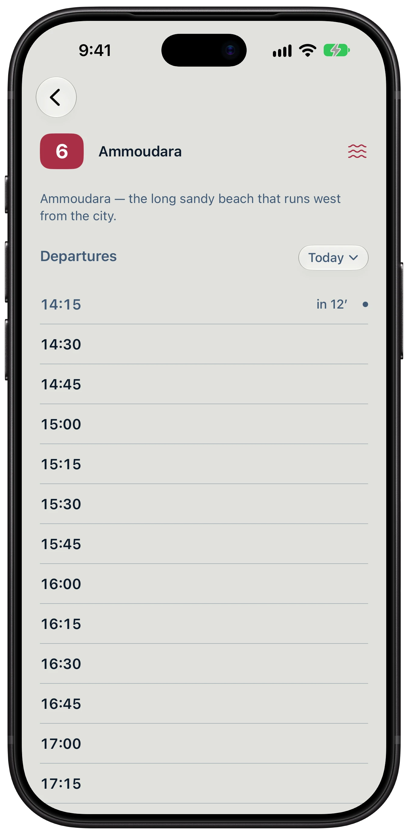 A line's departures: today's list of upcoming times for line 6 to Ammoudara