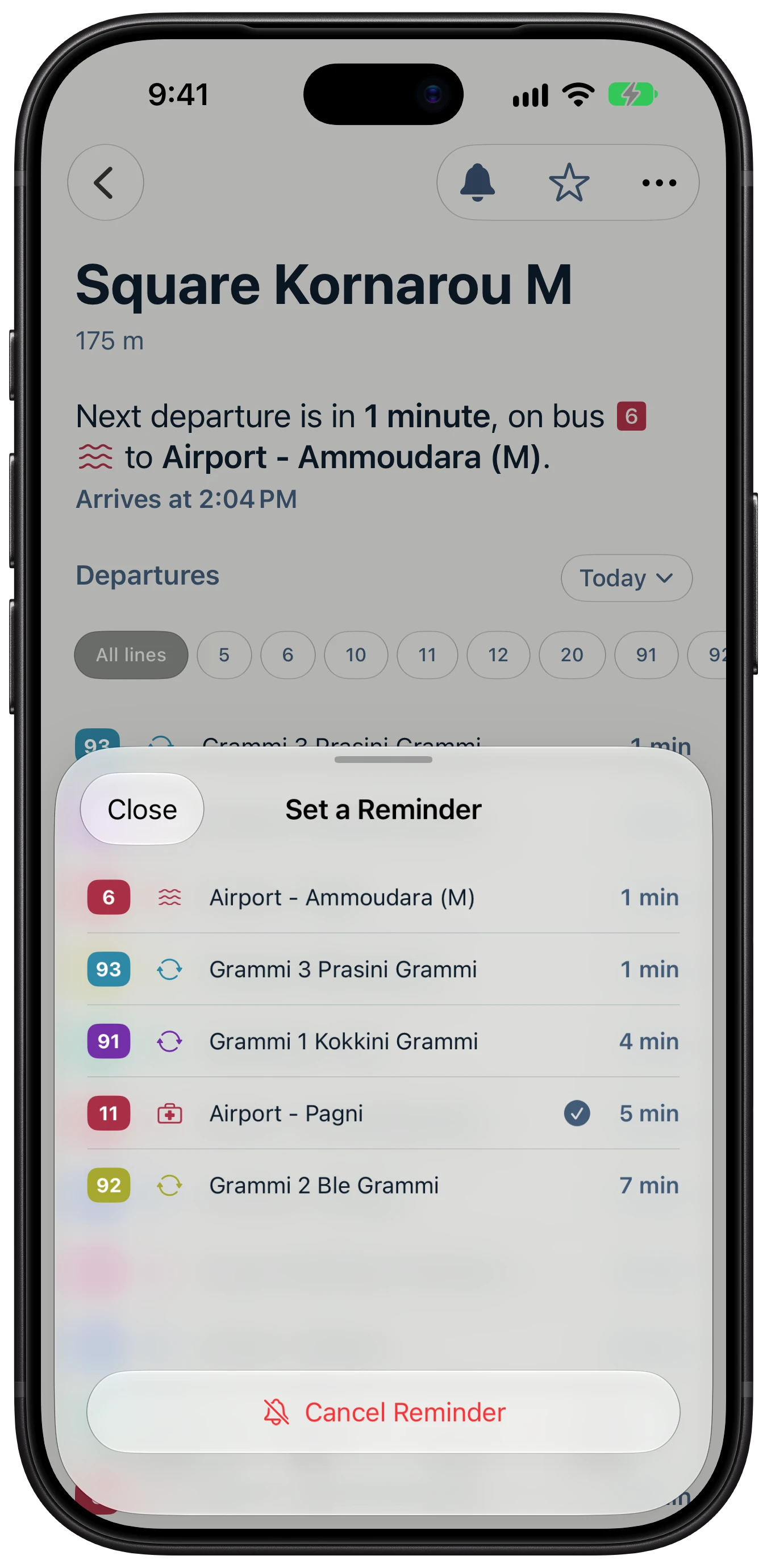 A bottom sheet for setting a reminder: choose a departure to be notified before it leaves