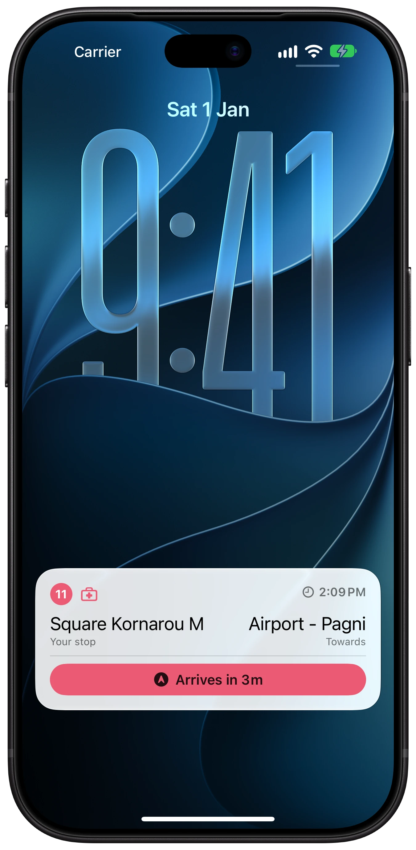 A Live Activity on the Lock Screen showing the next departure and how soon the bus arrives