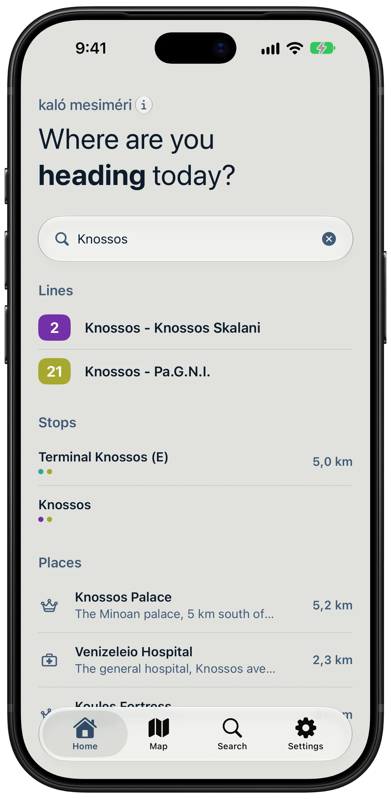 Search results for Knossos: matching lines, stops and the palace itself