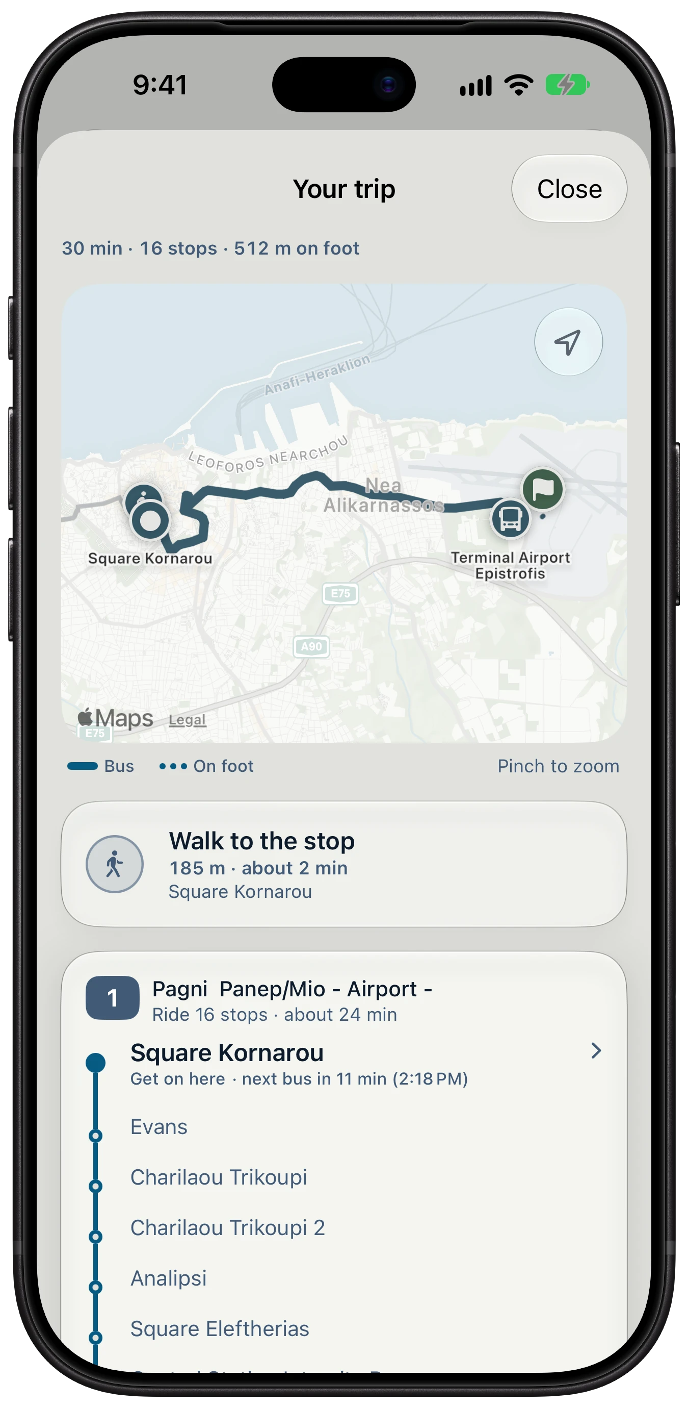 Trip guidance to the airport: the walk to the stop, the bus ride, and each stop along the way